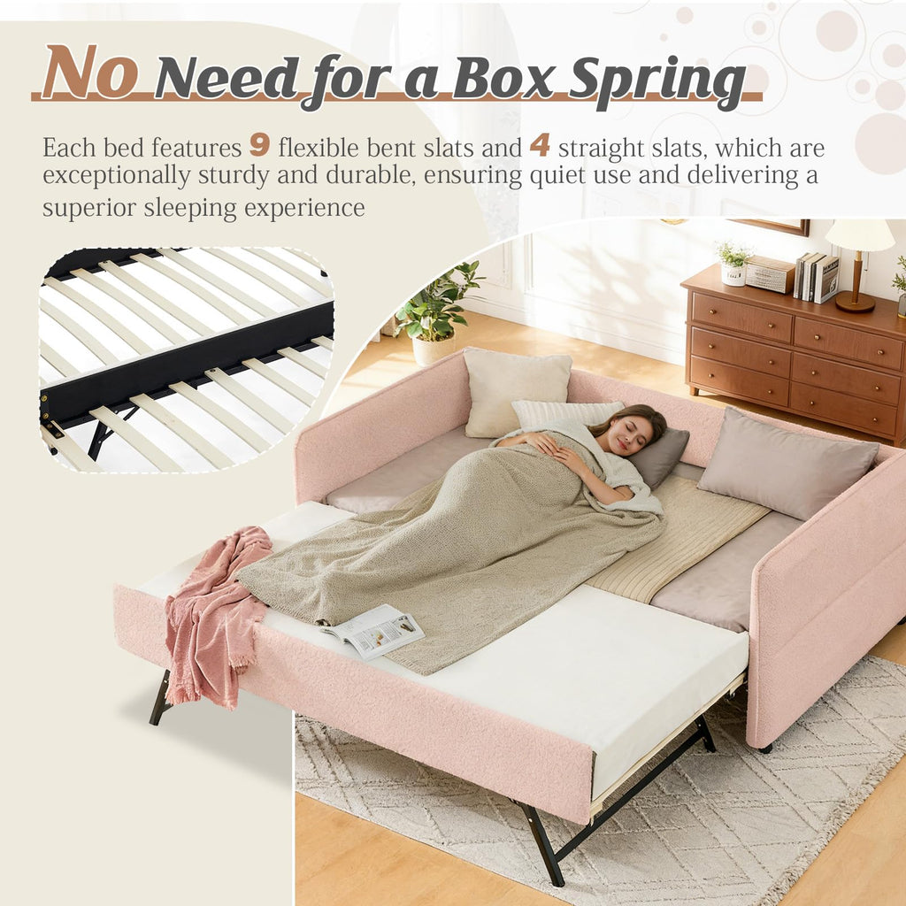 Full Size Daybed, Upholstered Boucle Fabric Day Bed Frame with Twin Roll-Out Trundle and Wood Slats Support, No Box