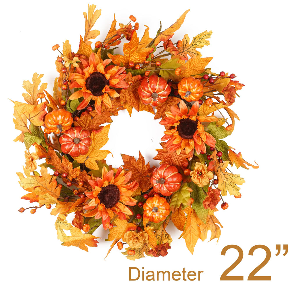 Fall Wreaths for Front Door 22 Inch, Autumn Wreath with Berry Pumpkin, Maple Leaves, Thanksgiving Harvest Festival