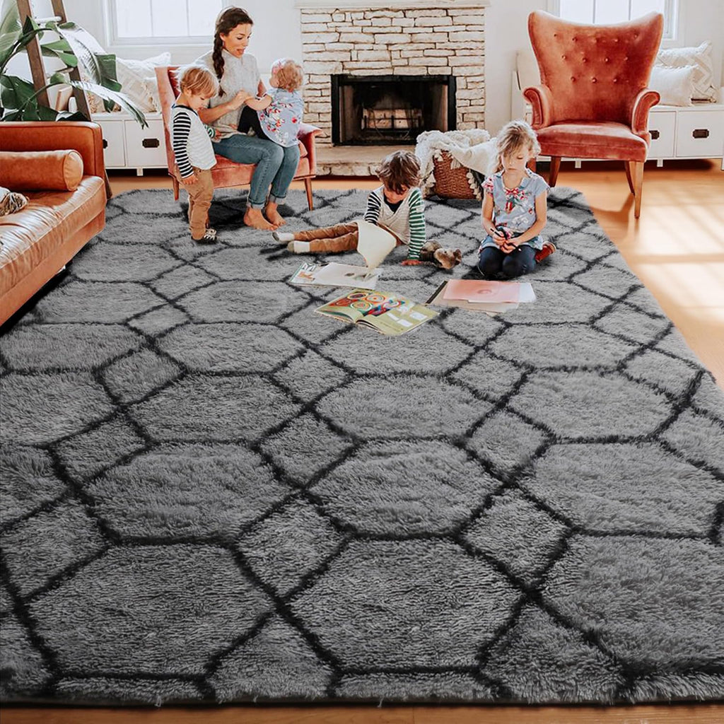 6x9 Area Rugs for Living Room Bedroom, Large Fluffy Grey and Black Throw Rug, Geometric Soft Plush Shaggy Fuzzy Floor
