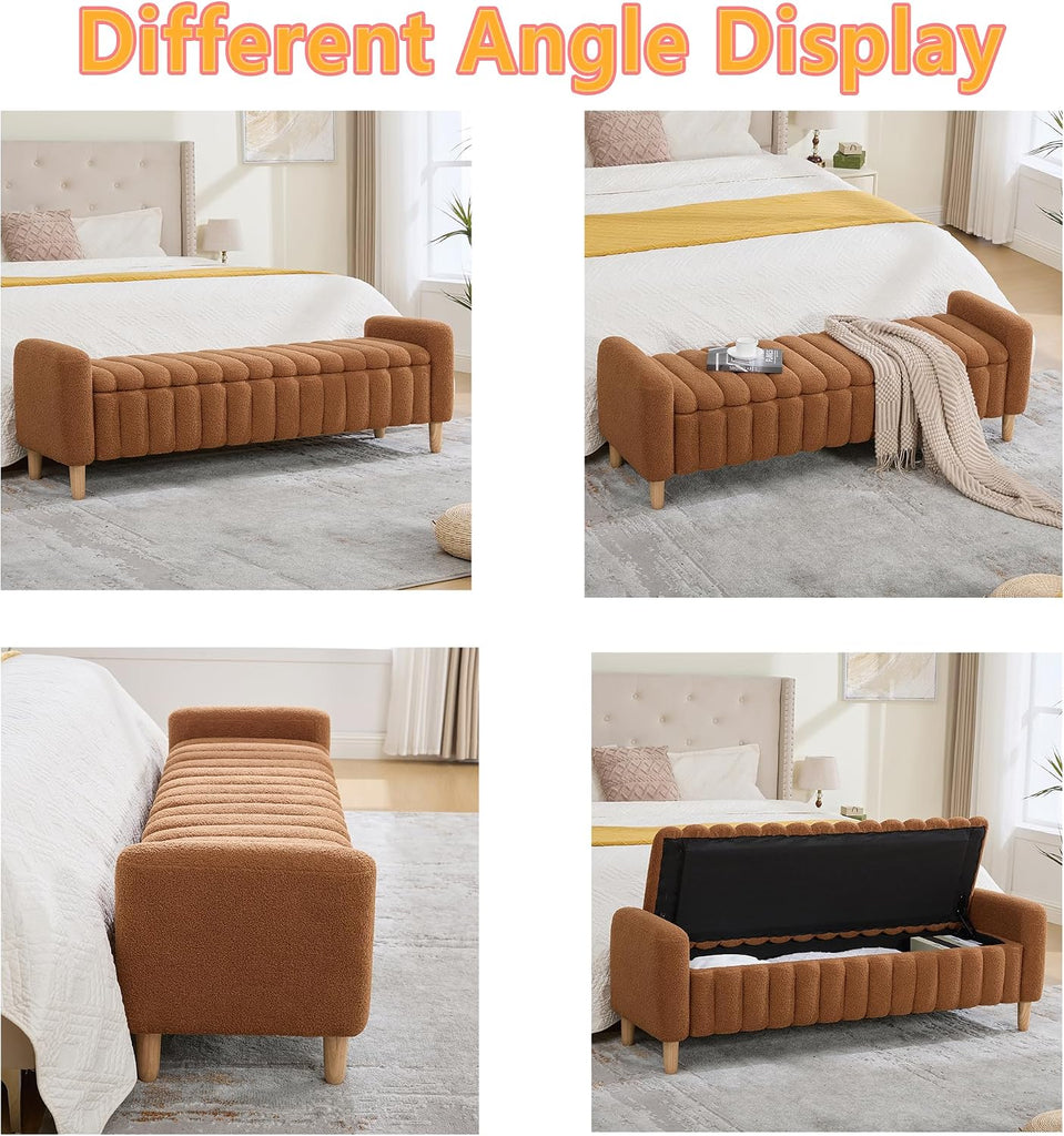 Teddy Caramel Ottoman Bench with Storage,63.4" Armed Long Storage Benches for Bed End King Size,Channel Tufted