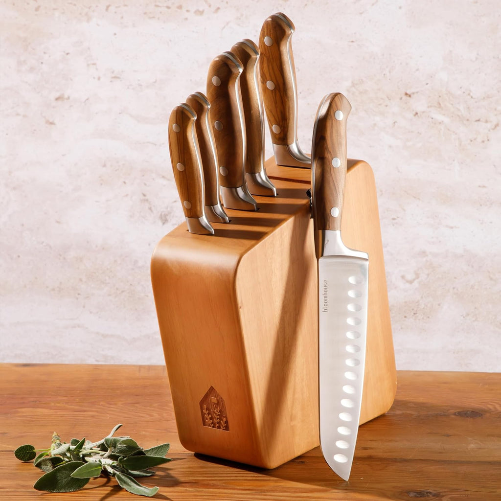 Kitchen Knife Block Set - 7 Piece Italian Olive Wood German Forged Stainless Steel Knives - Two Time Oprah's Favorite