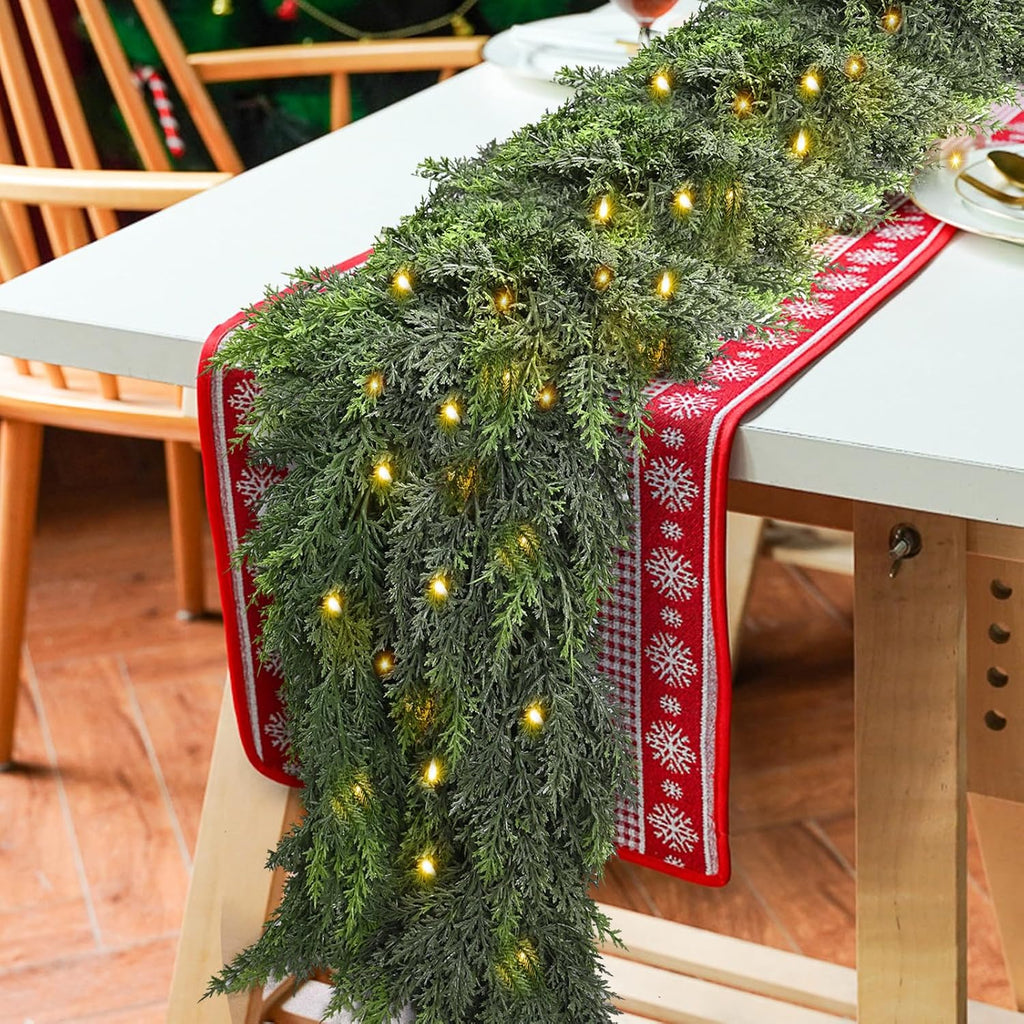 6FT Thick Christmas Cedar Garland with Lights, Layered Faux Greenery Decor