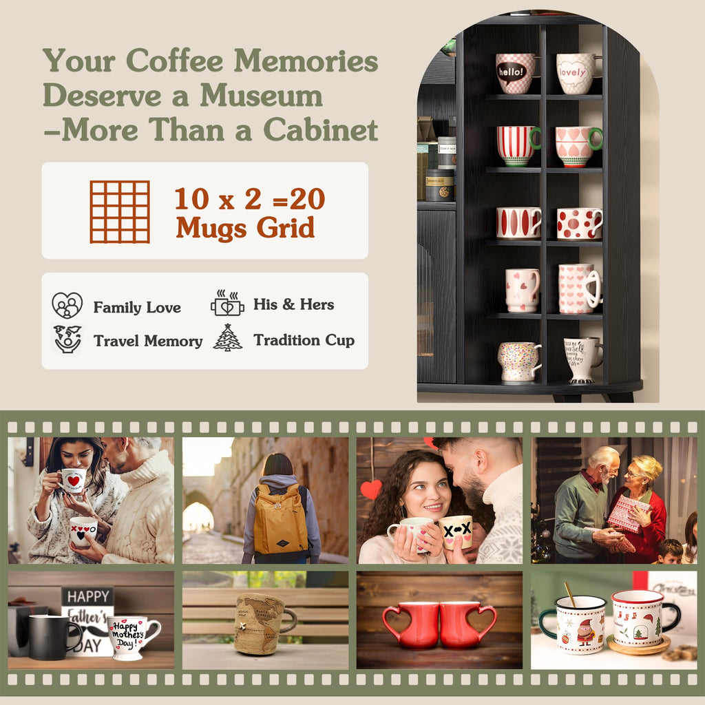 Coffee Bar Cabinet with 24-Cup Display, Large Drawer & Storage, Modern Buffet Sideboard, Medium Wooden Bar Station