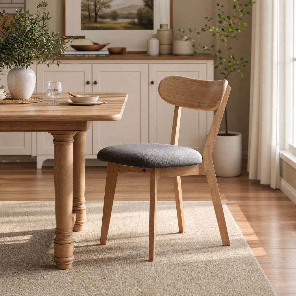 100% Solid Oak Dining Chairs, Mid Century Modern Dining Chair with Curved Backrest, Fabric Upholstered Dining Chairs