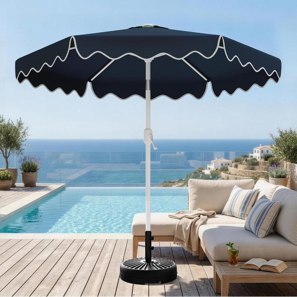 Patio Umbrella with Wavy Trim, UV-Fade-Resistant Canopy, Crank & Tilt - Navy 9ft