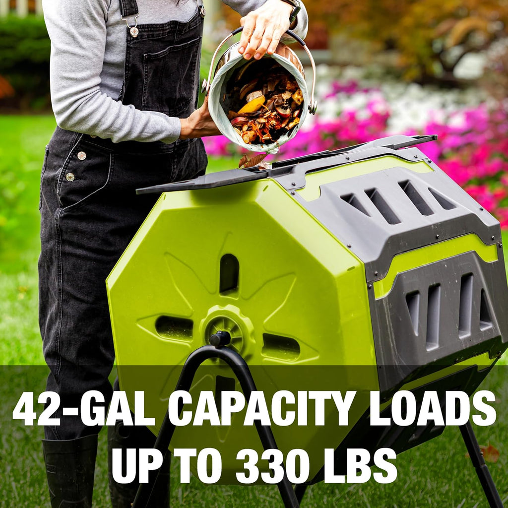 Tumbling Composter Bin with 360 Dual Chamber, 42 Gal, SJ-CMPS1 | 2-10 Week Compost, Rotating Tumbler Waste Management