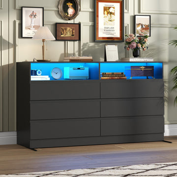 6 Drawers Double Black Dresser with Power Outlet & LED Light