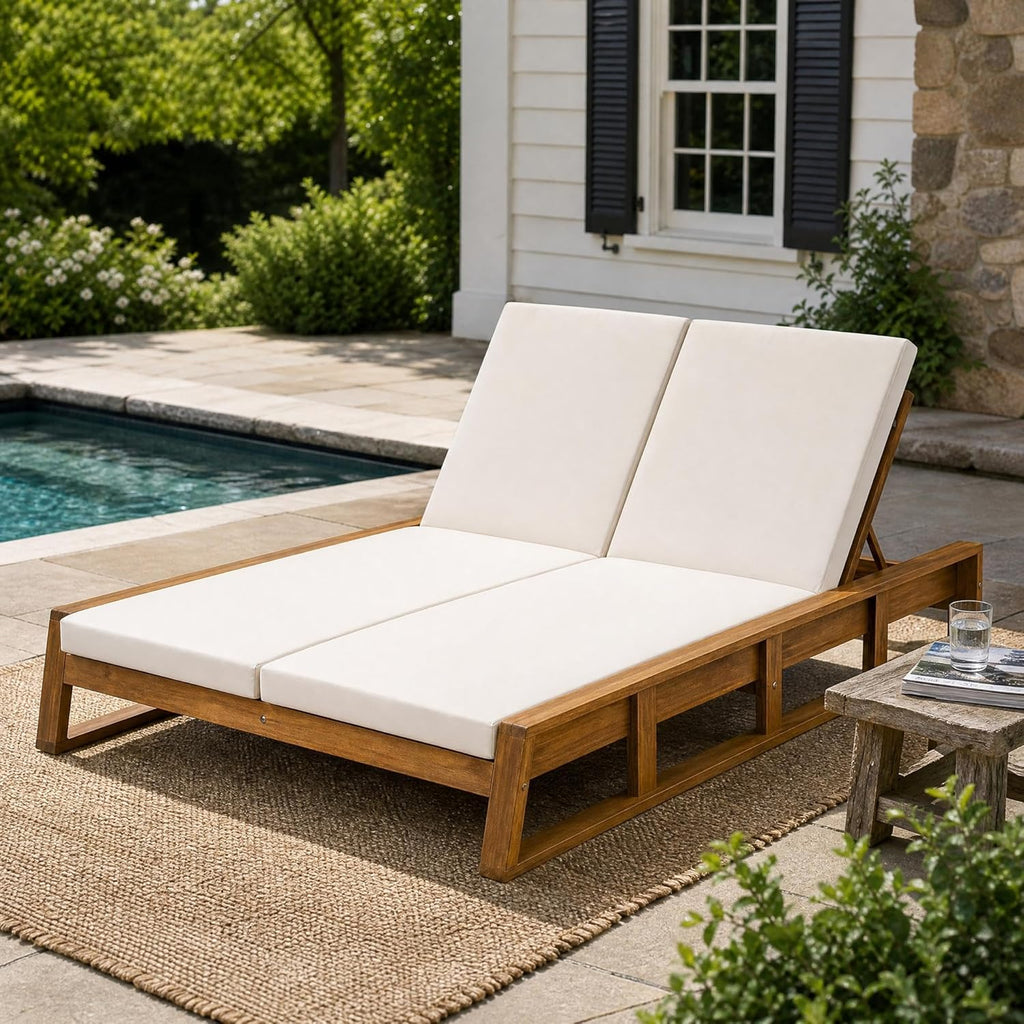 Acacia Wood Outdoor Double Chaise Lounge with Adjustable Backrest Patio Daybed with Thick Cushions Backyard Balcony