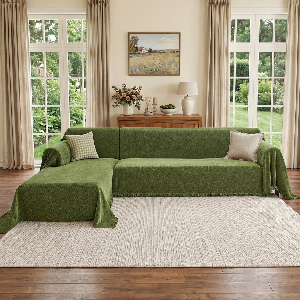 Herringbone L Shaped Couch Cover for Sectional Sofa, 2 Pcs, Green