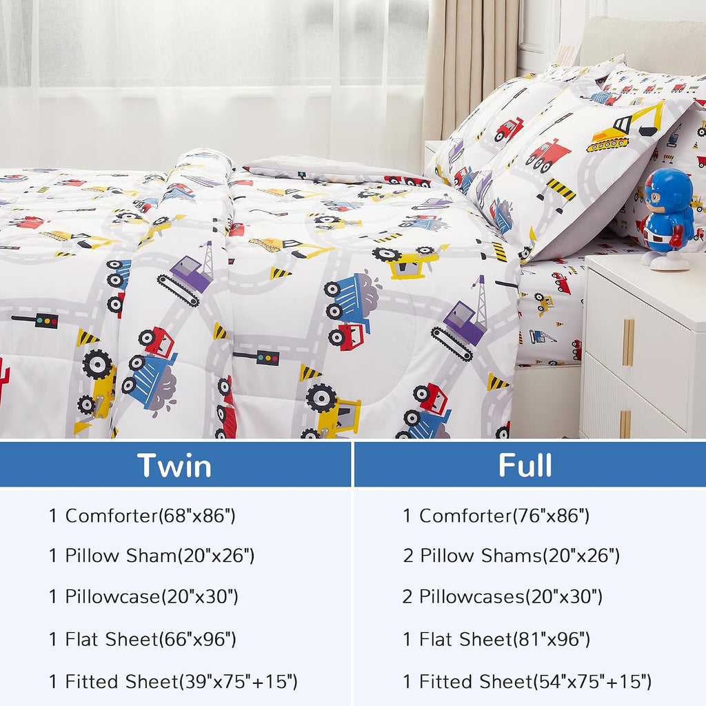 Kids Twin Bedding Sets for Boys, Girls Soft Twin Comforter Set with Sheets, 5 Pieces Microfiber Bed in a Bag, White