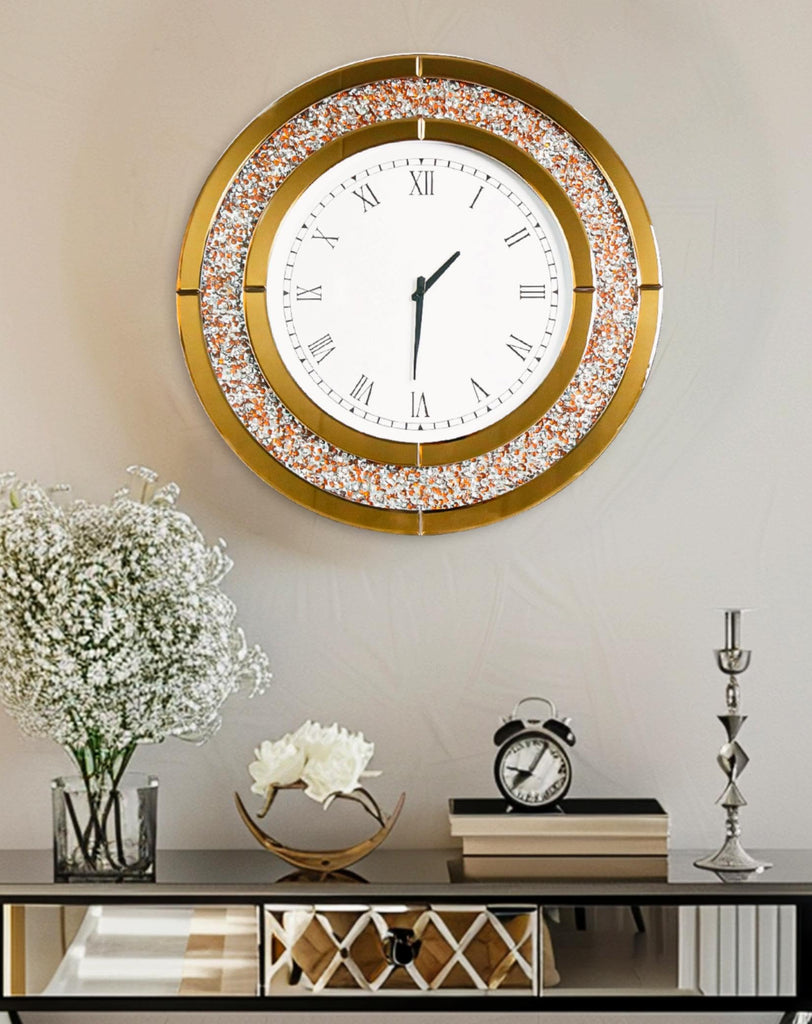 Crushed Diamond Wall Clock: Round Mirrored Clock 23.6 inch Brown