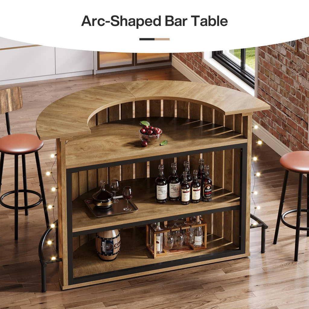 4-Tier Bar Table, 47.24" Mini Home Bar Table with Footrest, Arc-Shaped Modern Bar Cabinet, Light Brown