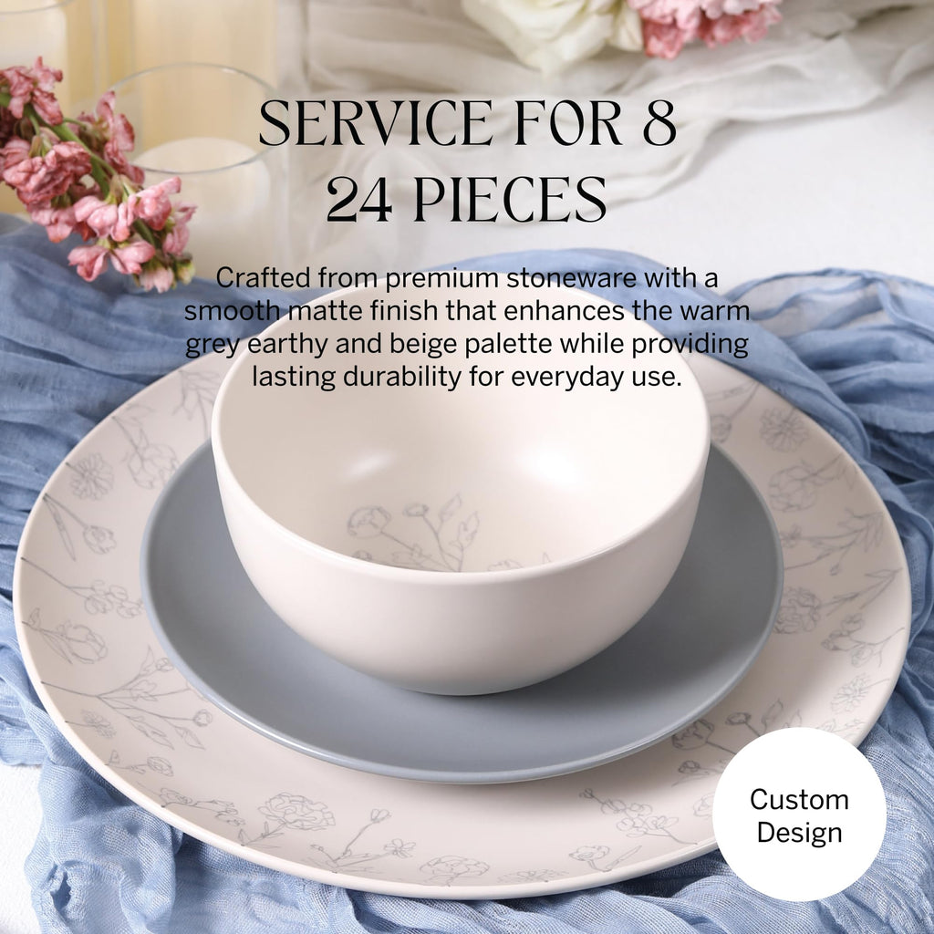 Lain Camelia 24-Piece Stoneware Dinnerware Set, Dinner Plates, Salad Plates & Bowls, Service for 8, Dishwasher &