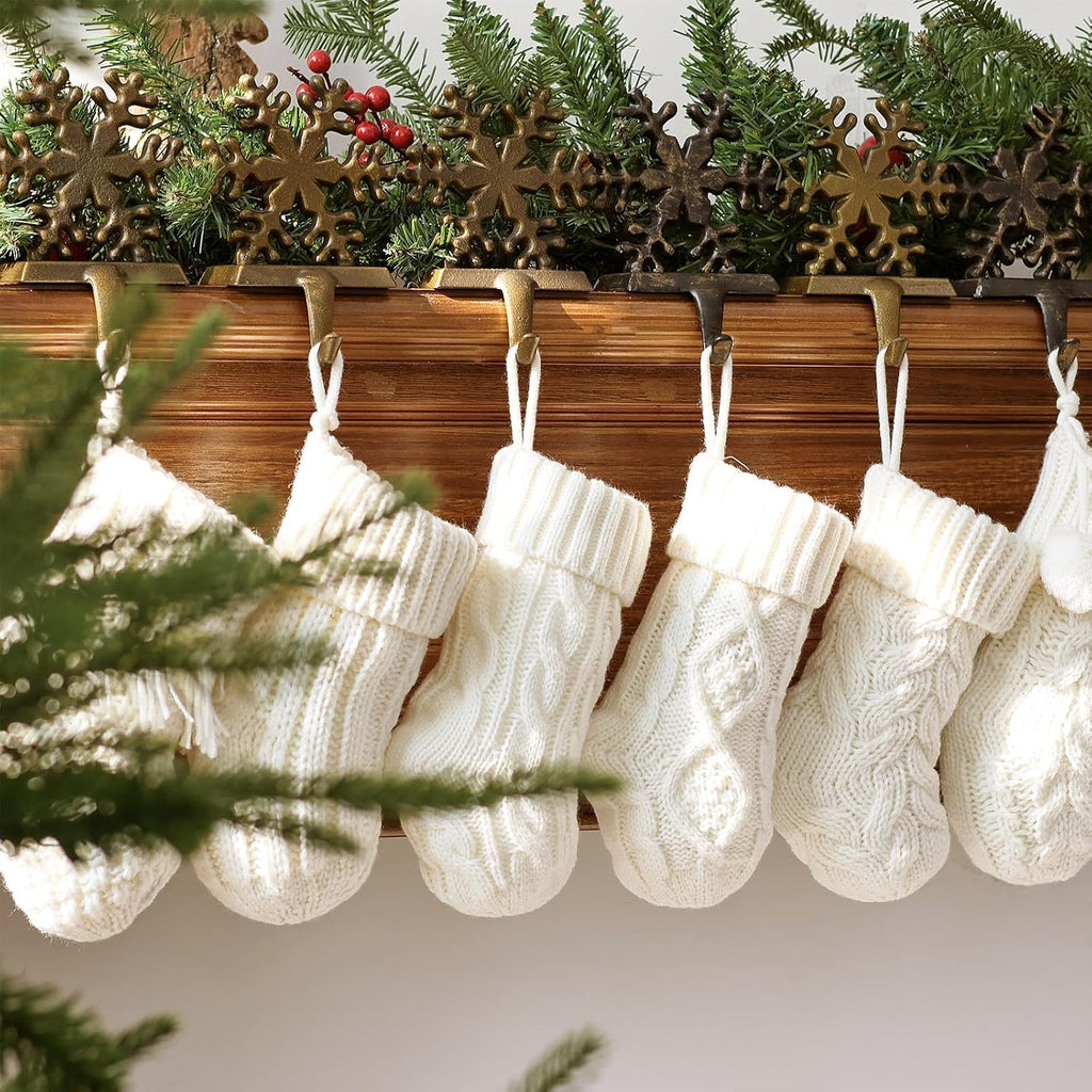 Rustic Mini Knitted Christmas Stockings: 6 Pack 9 Inch Beige Cable Knit Fireplace Stockings, Farmhouse Boho Style - Set of 6