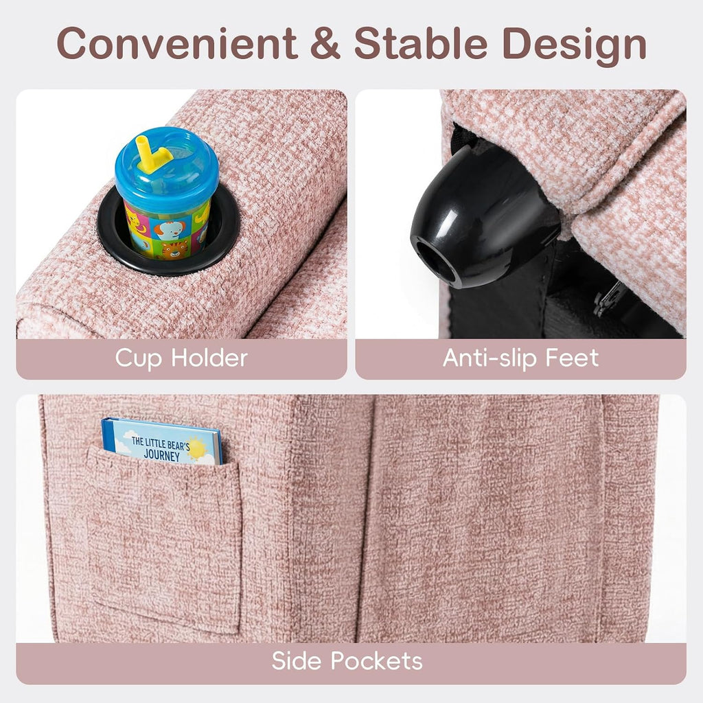 Kids Recliner, Toddler Lounge Chair with Adjustable Backrest Footrest Cup Holder Side Pockets, Velvet Leather Toddler