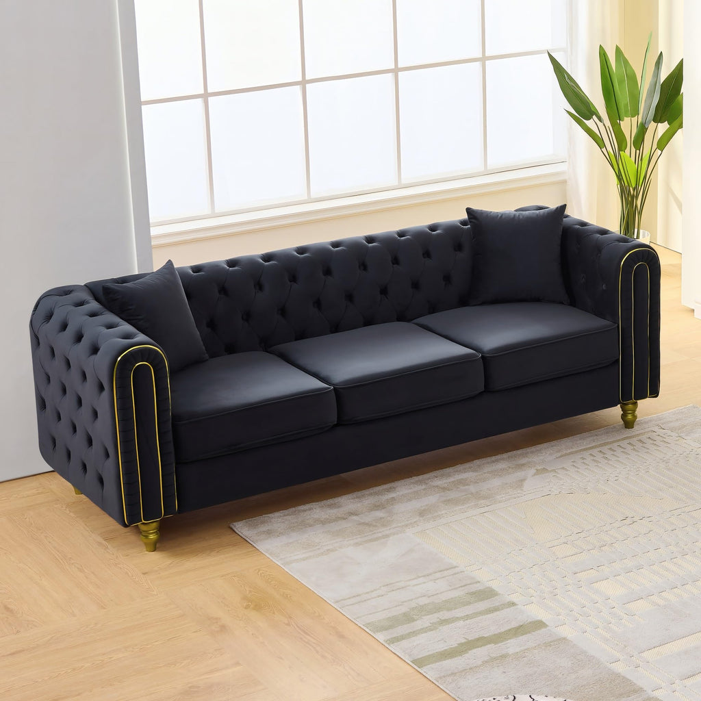 149" Modern Chesterfield Sofa, Luxury 3-Seater Loveseat Set Couch with Button Tufted Rolled Arms and Gold Pine Legs