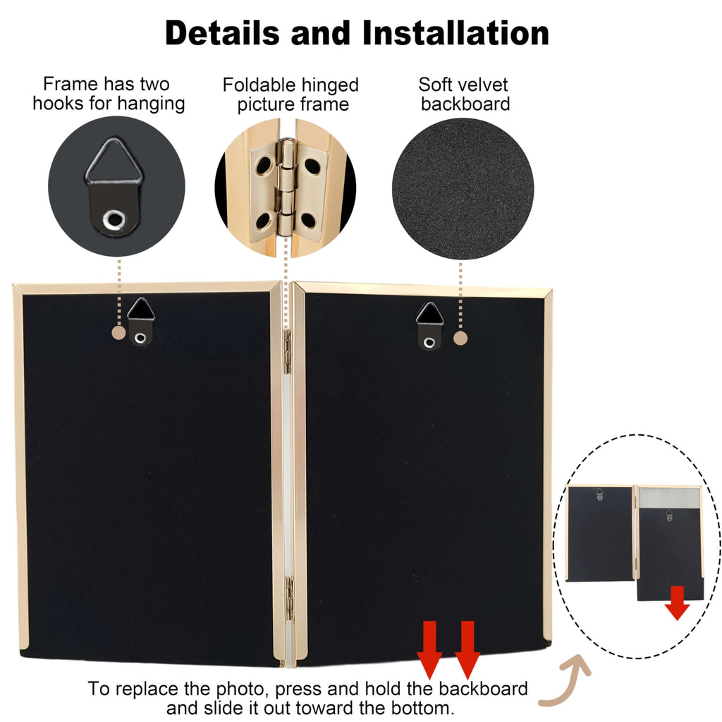 4x6 Double Picture Frame with White Enamel Finish, Gold Edge Metal Hinged Photo Frames, Real Glass Front Velvet Back
