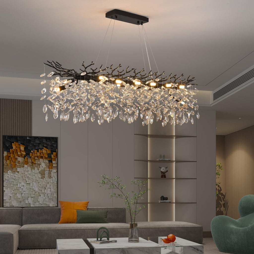 Modern Rectangle Crystal Tree Branch Chandelier, L47.3'' Luxury Black Linear Art Deco Raindrop Pendant Lighting