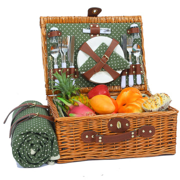 Picnic Basket for 4 Persons with Blanket, Green & White Spots