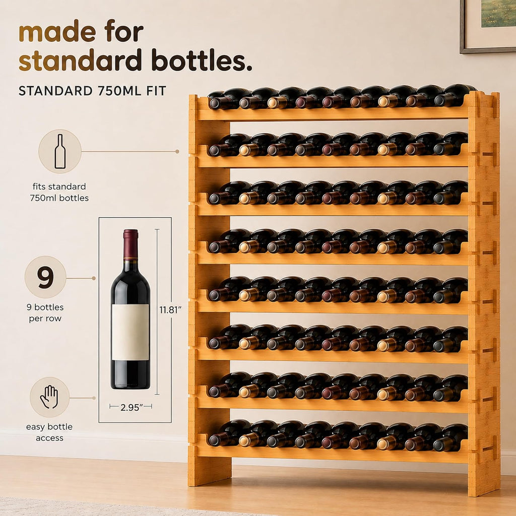 72 Bottle Wine Rack Stackable Bamboo Freestanding, 8-Tier Modular Shelf, Sturdy Wobble Free, Upgraded 2026 Design