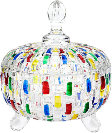 24 oz Candy Dish with Lid, Decorative Candy Dishes Container,Embossed Glass Jar, Colorful Crystal Storage Bowl Desk