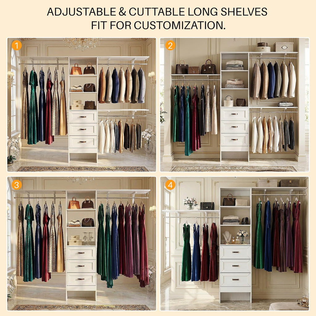 8FT Closet System with 3 Curved Drawers, 96'' Wooden Walk-in Closet Organizer with 3 Top Shelves, Adjustable