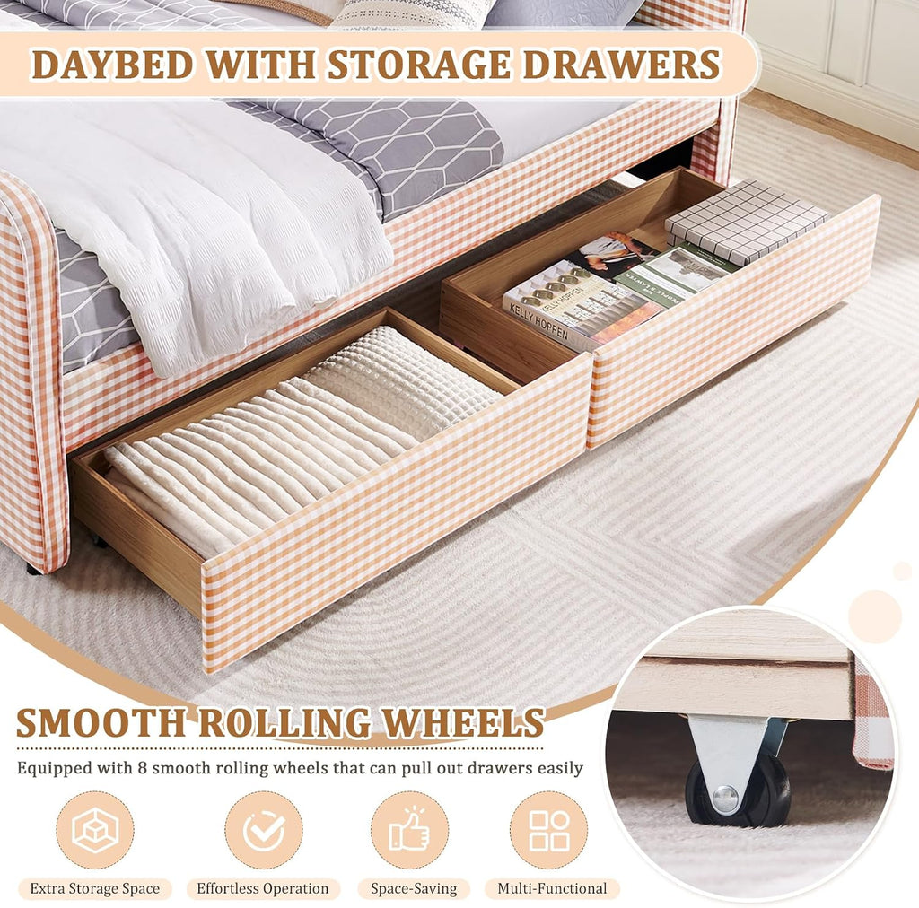 Queen Size Gingham Daybed with Storage Drawers, Upholstered Linen Day Bed Frame with USB Ports & Wave-Shaped