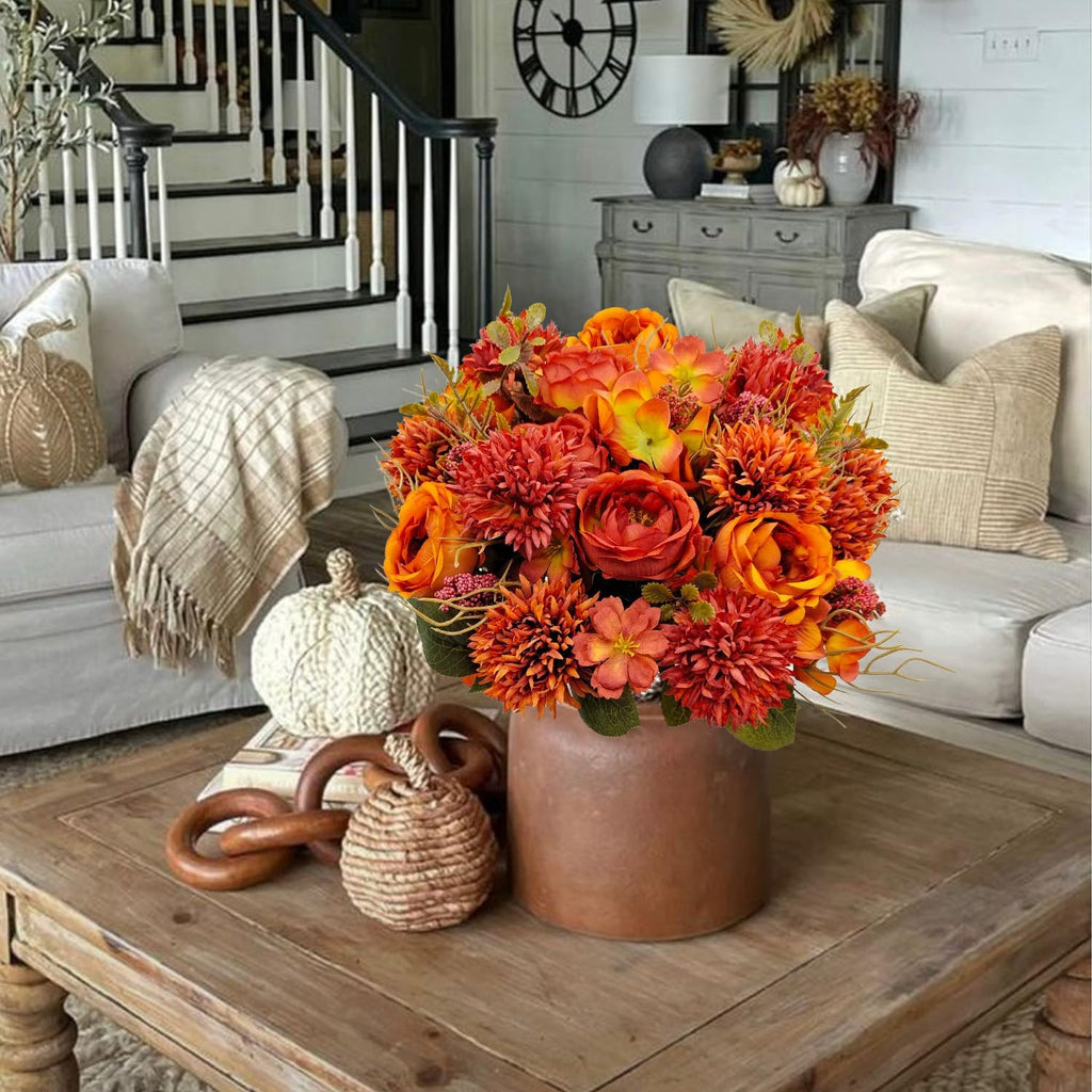 Bundles Fall Artificial Flowers Bouquet Fake Peony Silk Chrysanthemums Autumn Faux Floral Arrangements Decor Indoor - Set of 2