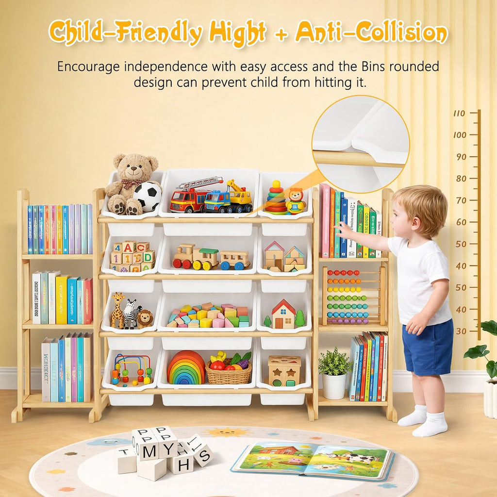 Toy Storage Organizer with Bookshelf - Wooden Toy Organizer with 12 Toy Bins & 6 Tier Bookcase,Quick Assembly Kids