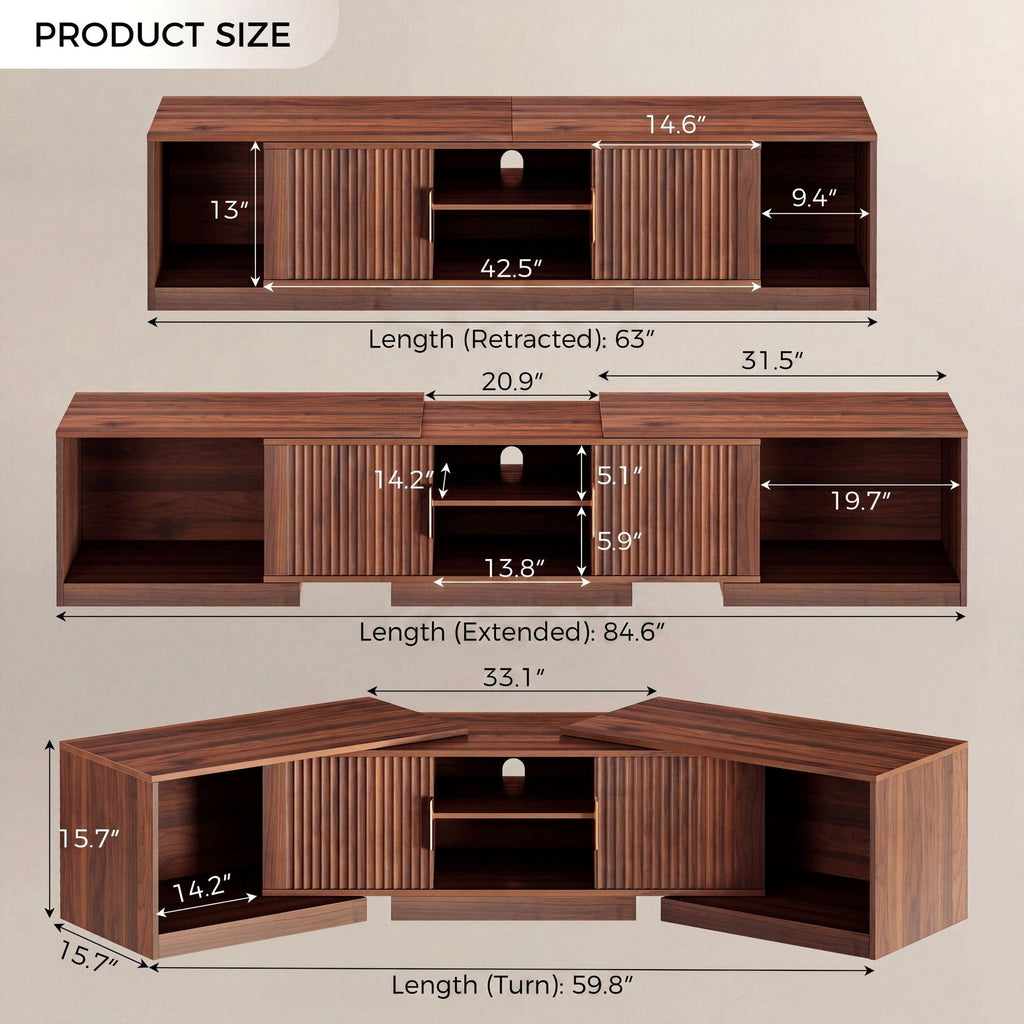TV Stand for 55-80 Inches TVs, 63"-84.6" Adjustable Length, Extendable Corner Entertainment Center with Storage