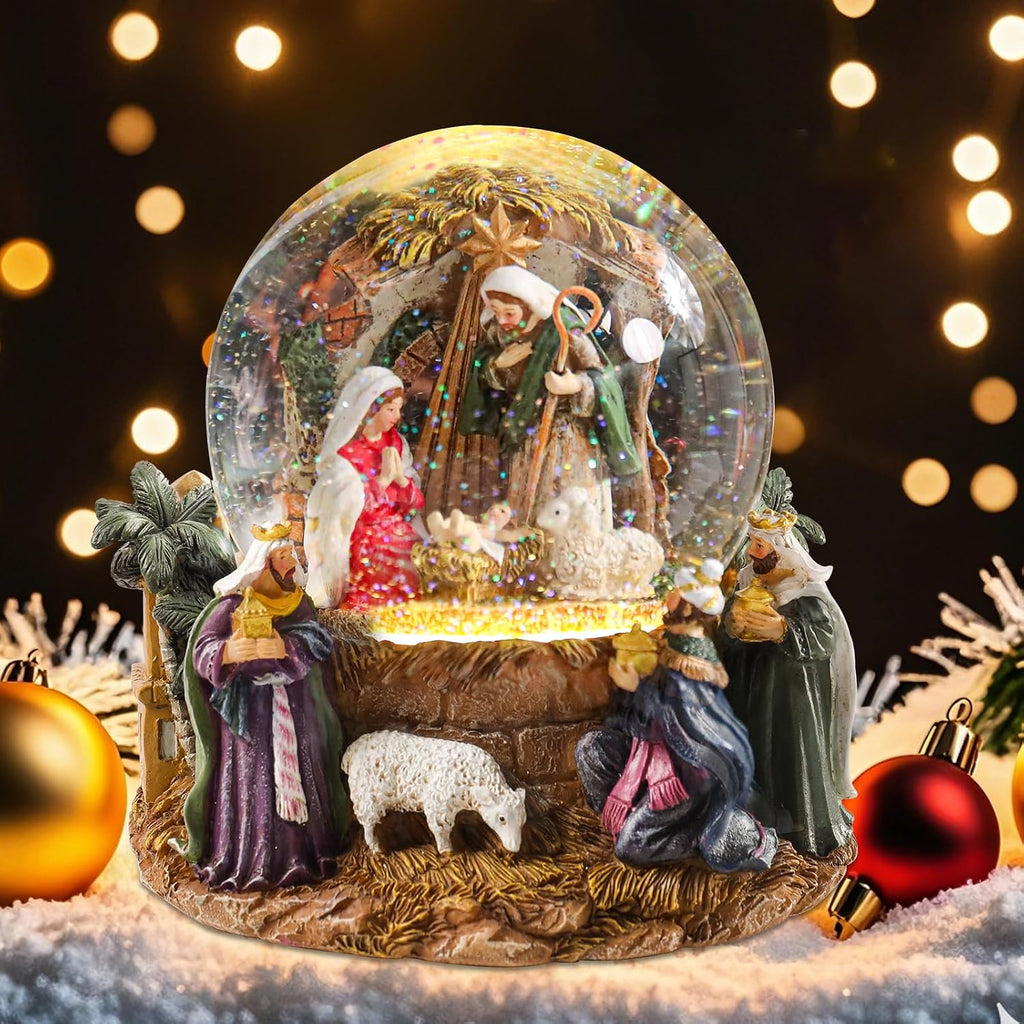 Christmas Snow Globe, Musical Nativity Snow Globes Color Changing Swirling Glitter Battery Operated Jesus Lighted