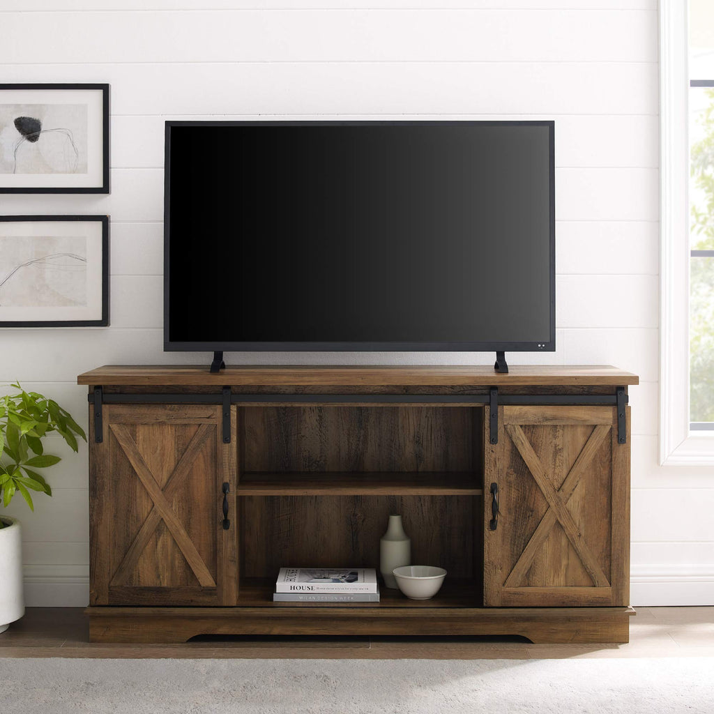 Tucker 58 Inch Sliding Barn Door Television Stand in Rustic Oak