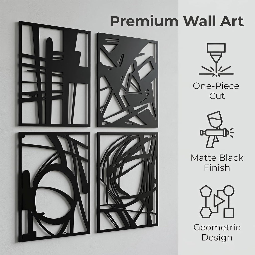 Black Metal Abstract Geometric Hollow Wall Sculpture Decor Set - Set of 4