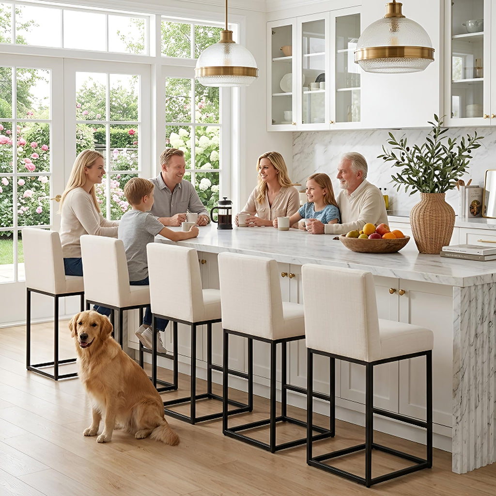 Linen 27 inches Counter Height Bar Stools with Padded Back, Modern Upholstered Counter Stool Chairs with Black Metal