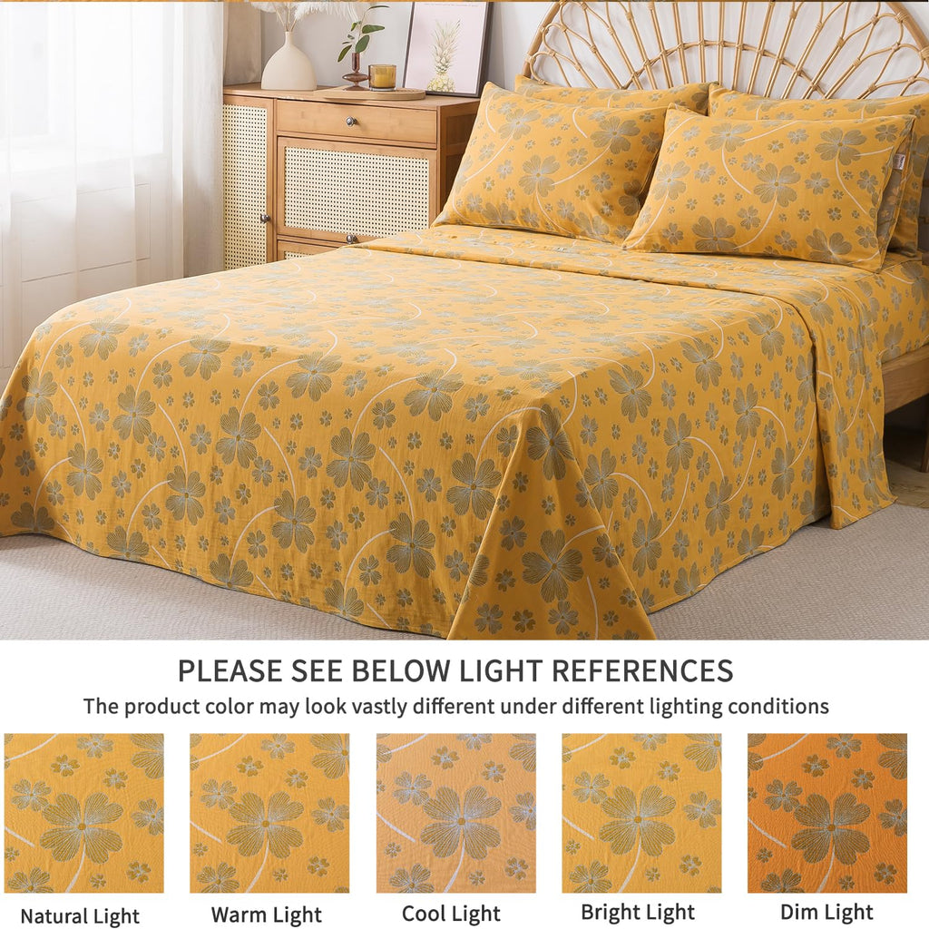 Sheet Set, 100% Cotton Double Gauze, 4-Piece Soft Floral Bed Sheets in Orange & Blue Gray, Deep Pocket Fitted