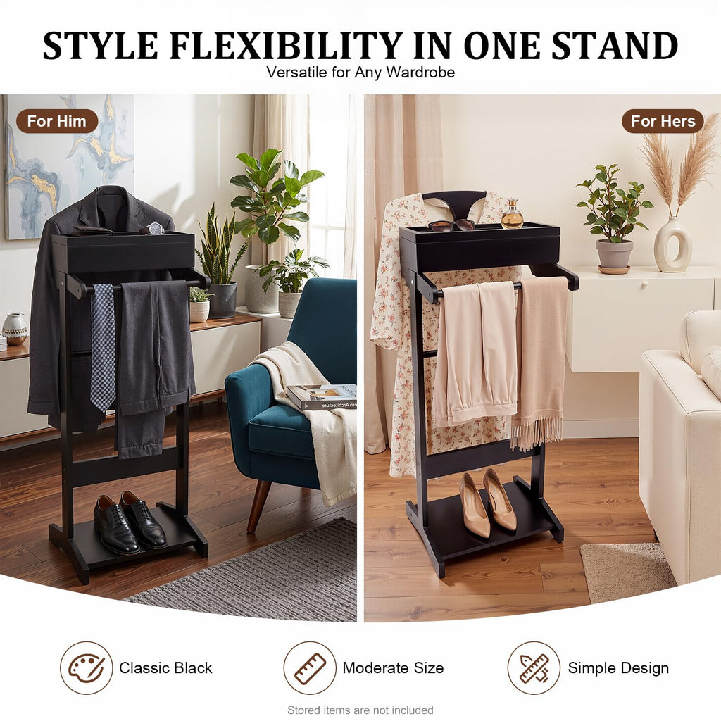 Suit Valet Stand for Men, Black Wooden Clothing Valet Stand with Hanger and Tray Bedroom Organizer for Coats Suits