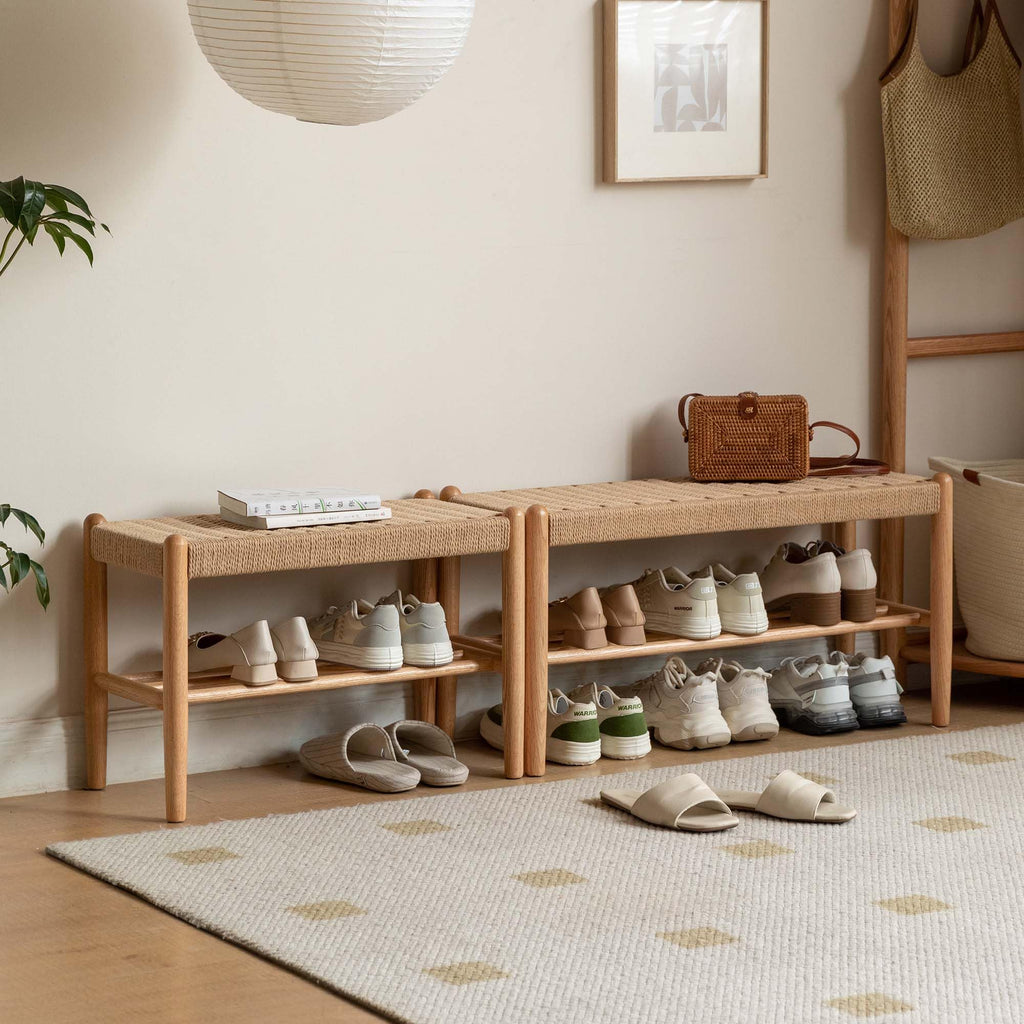 Solid Wood Shoe Bench, Woven Seat Entryway Bench for Small Spaces