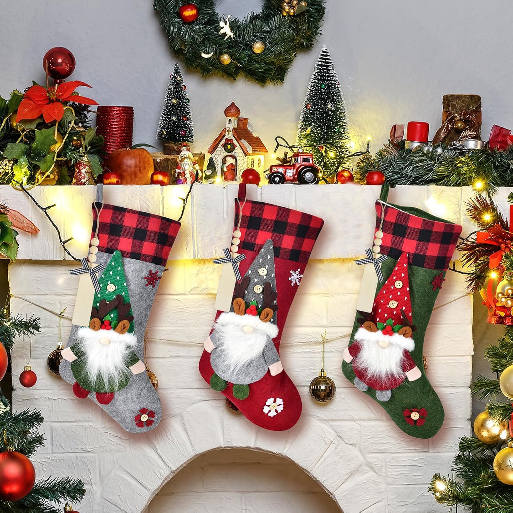 19.7 Inch Christmas Gnomes Stockings with Names Tags, 3D Embroidered Snowflakes Large Christmas Stockings Set of 3
