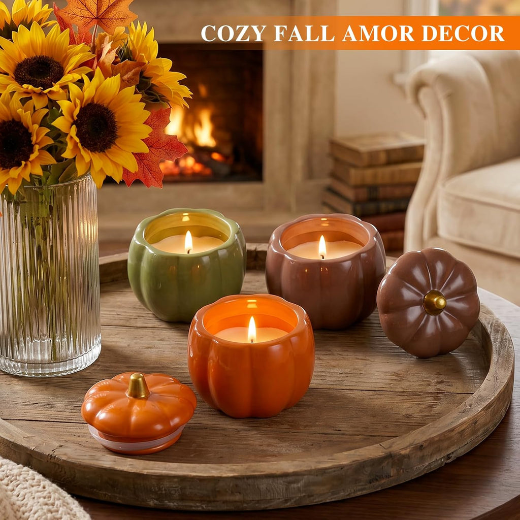 Fall Ceramic Pumpkin Candle Gift Set, Autumn Scented Candle, 14.4oz Soy Wax Pumpkin Jar Candles, Thanksgiving - Set of 3