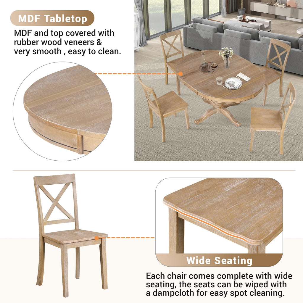 5 Piece Extendable Dining Table Set for 4, Kitchen Table and Chairs Set 4 X-Back Solid Wood Dining ChairSet