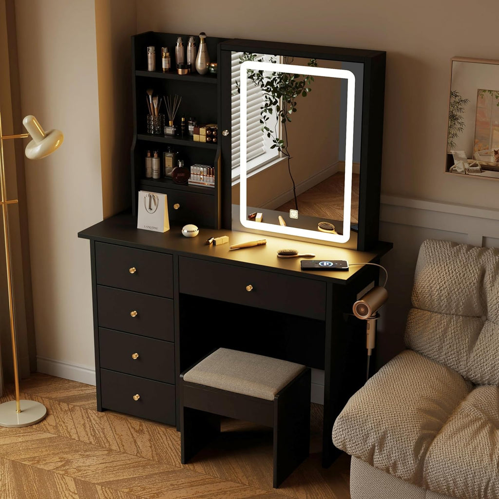 Vanity Desk with Mirror and LED Lights, Makeup Vanity Set with Power Outlet, and Stool,Jewelry Storage,Black Vanity