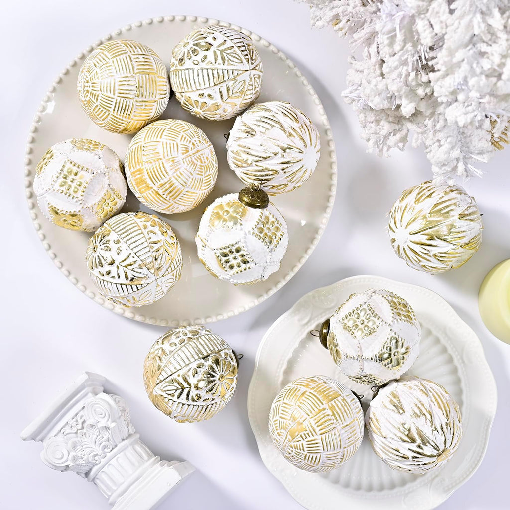 Christmas Ball Ornaments Set, 80mm Elegant White and Gold Assorted Xmas Tree Ball Ornaments, Shatterproof - Set of 12