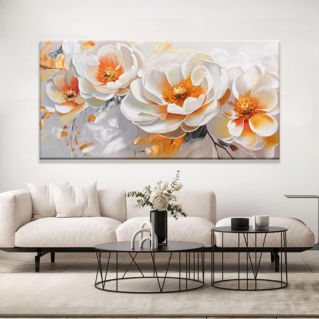Large Wall Art Prints Modern Canvas Art Wall Decor 39" X 78" Painting Orange White Flower Wall Art Home Office Dining
