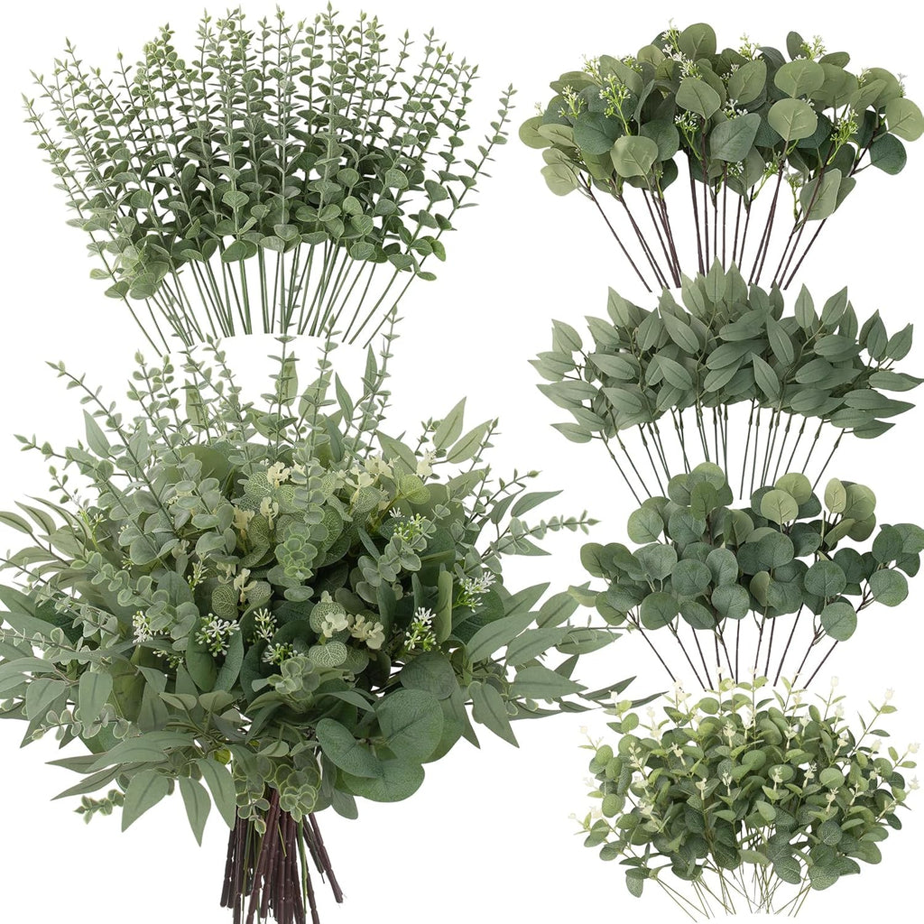 130 Pcs Artificial Mixed Eucalyptus Stems Bulk, 5 Kinds of Faux Greenery Eucalyptus Leaves Bulk for Vase Wedding DIY