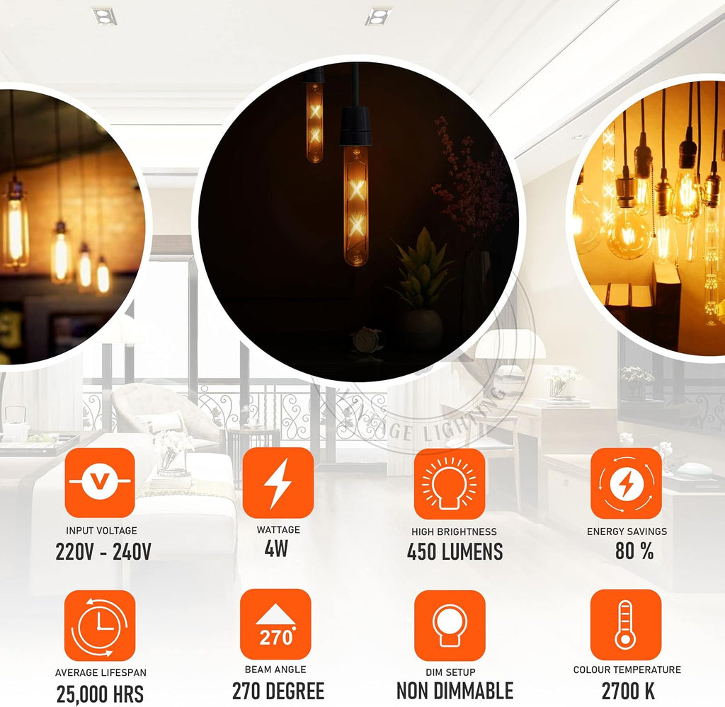 T10 E26 LED Edison Bulb 4W Amber Glass Filament 2700K Warm White