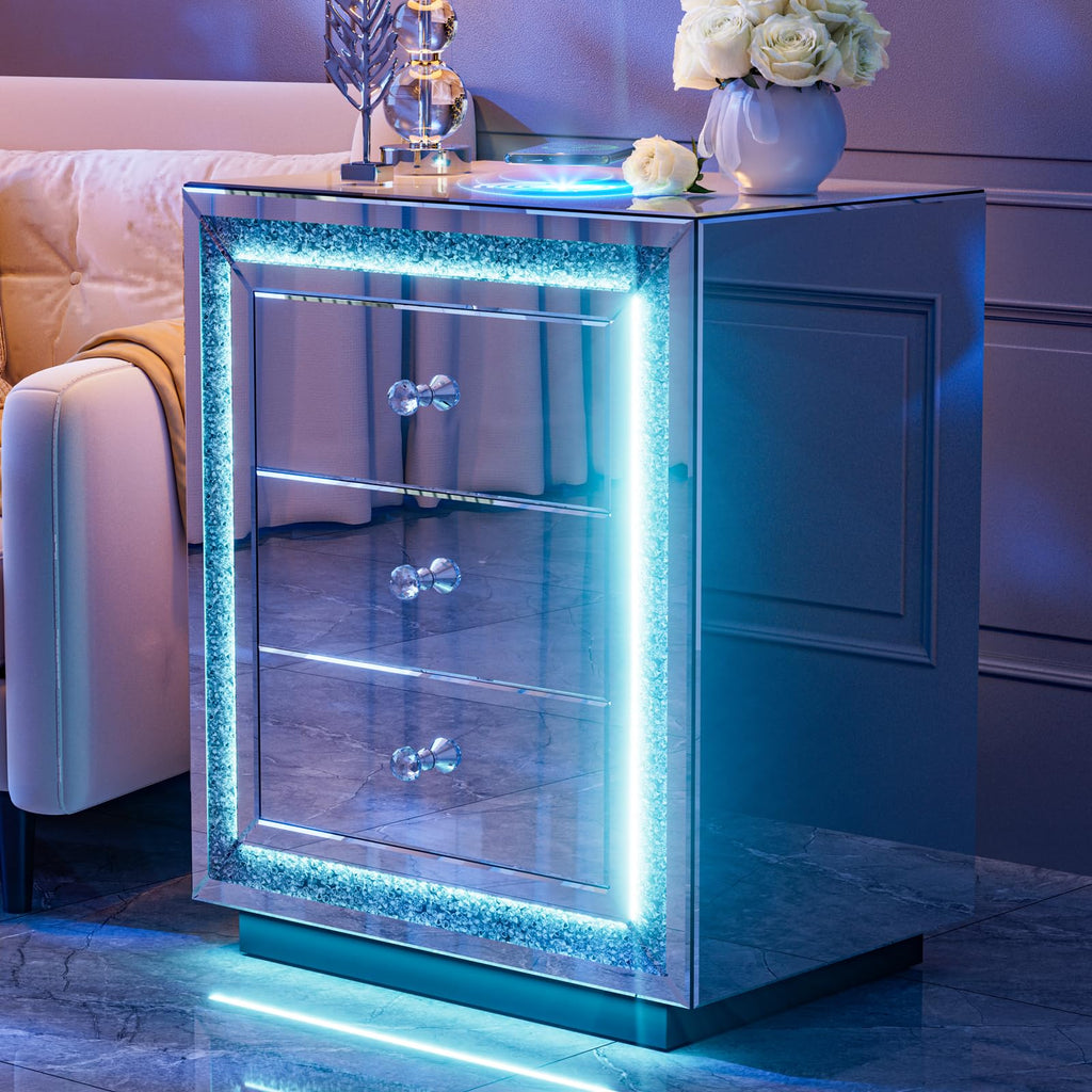 Mirrored Nightstand with LED Light & Wireless Charging, 3 Drawers