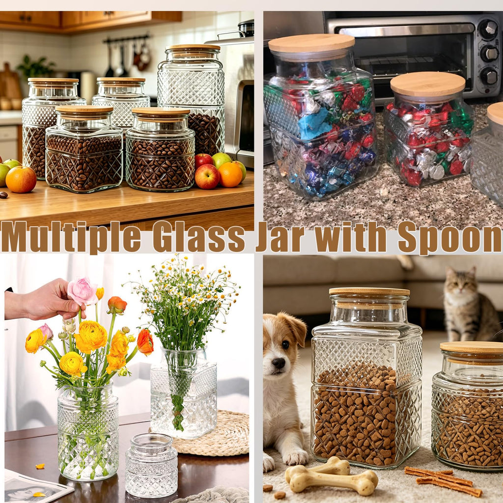 60oz Square Glass Storage Jars with Airtight Lids and Spoon