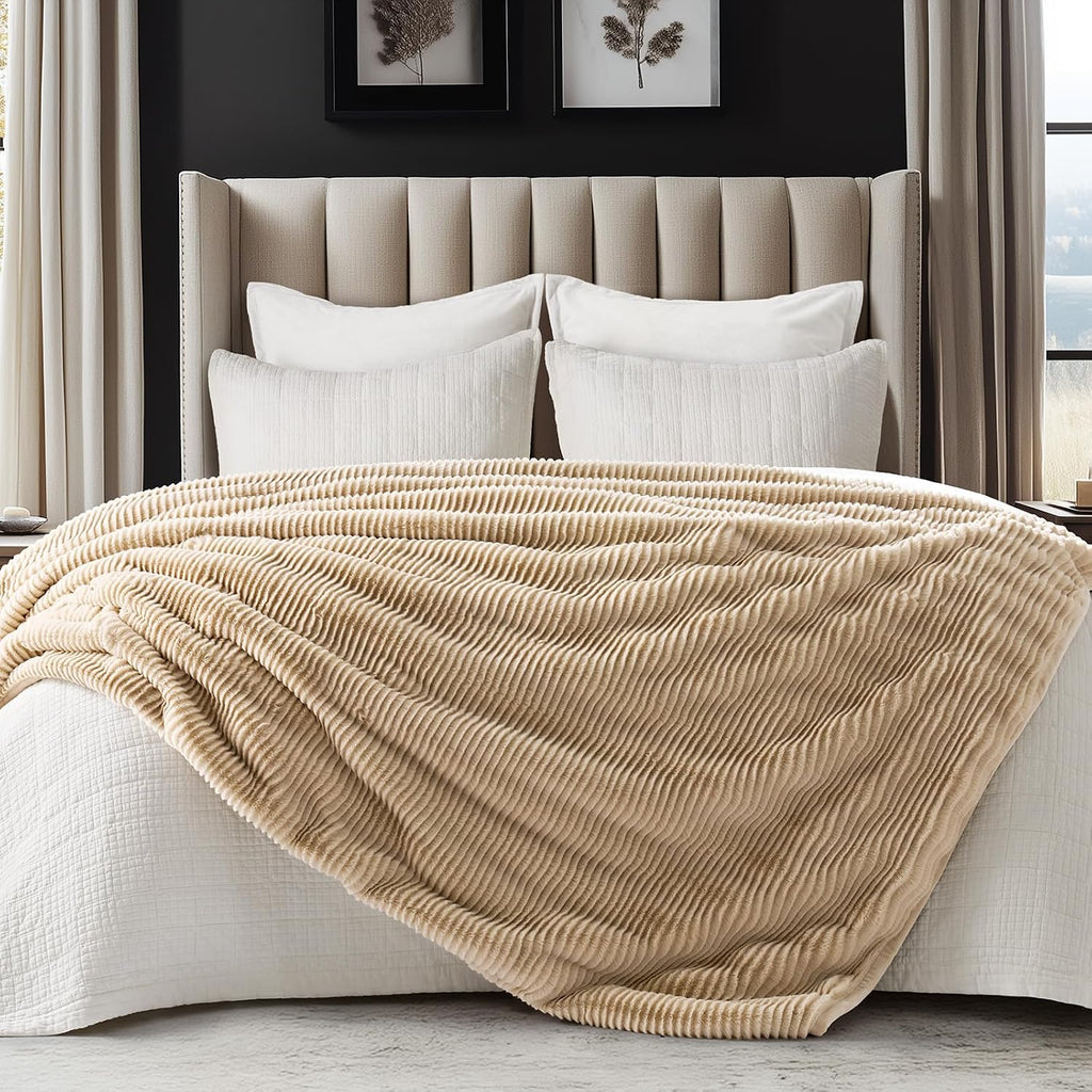 Faux Rabbit Fur Throw Blanket, 60''x80'', Beige | Ultra Soft, Luxury Sculpted Texture Faux Fur Blanket, Fluffy Thick