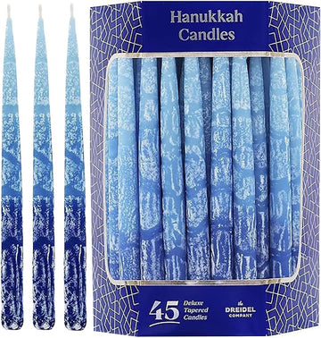 Hanukkah Candles Dripless Multi Blue Hued Frosted Deluxe Tapered Candles 1-Hour Burn Time Odorless 45 Candles for All - Set of 45