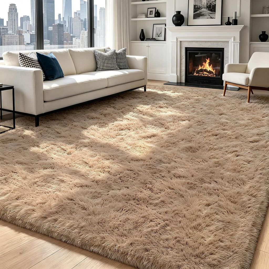Beige 8x10 Area Rugs, Fluffy Shag Rug Large Bedroom Carpet